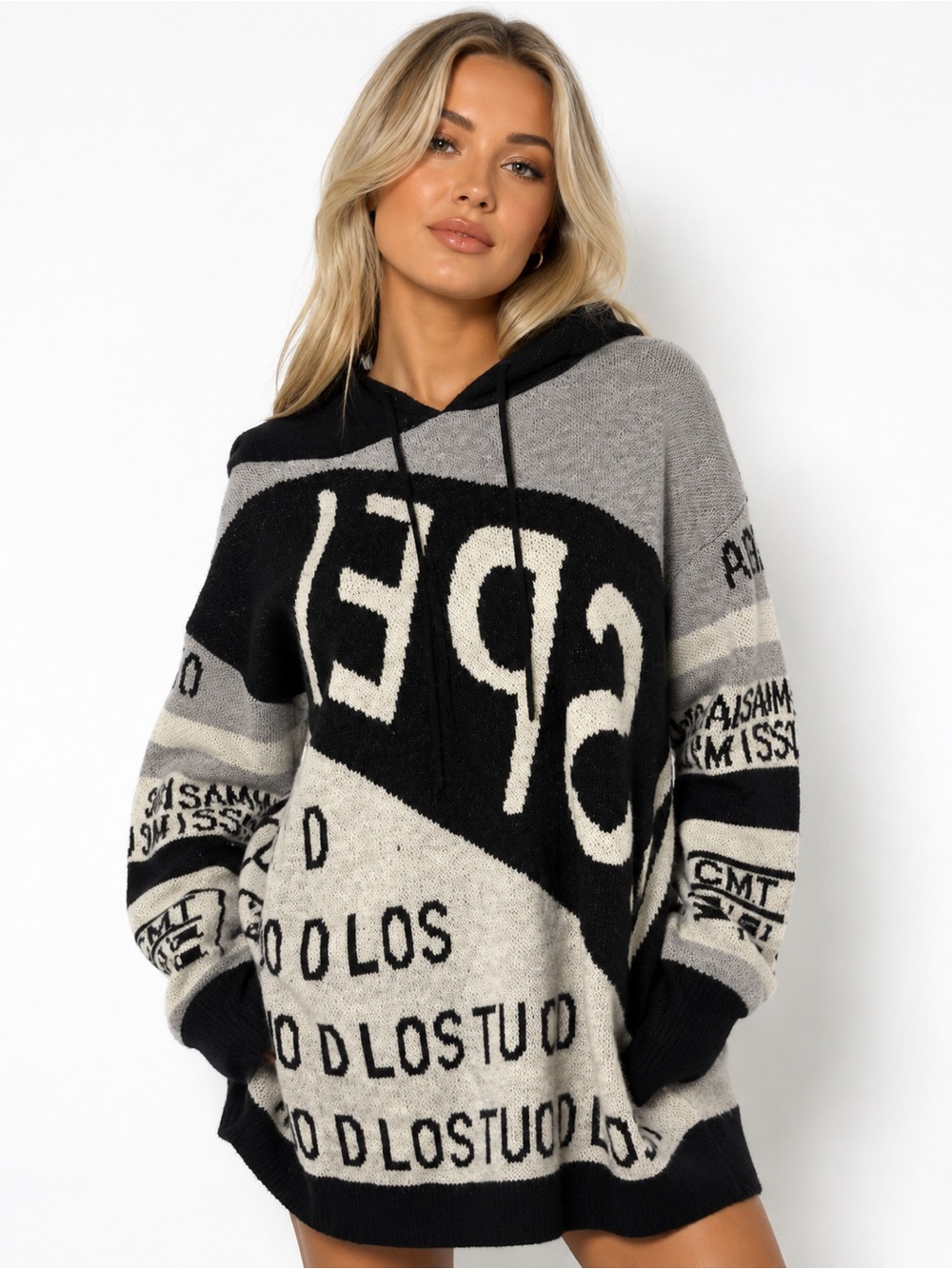NWT Black Multi Oversized Graphic Hooded Sweater Dress | Soft Knit